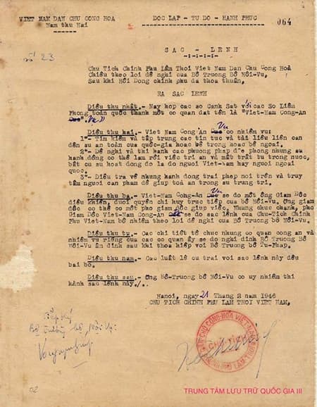 Sắc lệnh số 23/SL của Chủ tịch Hồ Chí Minh ngày 21/02/1946 v/v thành lập Việt Nam Công an Vụ thuộc Bộ Nội vụ. Nguồn: Trung tâm Lưu trữ quốc gia III, phông Phủ Thủ tướng, hồ sơ 02.