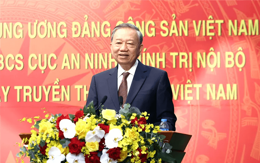 Tổng Bí thư Tô Lâm phát biểu tại buổi buổi thăm và gặp mặt các cán bộ chiến sĩ Cục An ninh chính trị nội bộ, Bộ Công an nhân kỷ niệm 80 năm Ngày truyền thống Công an nhân dân. Ảnh: Bộ Công an.